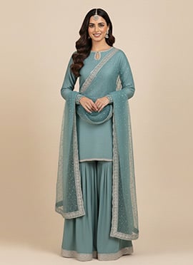 Powder Blue Satin Georgette Zari Sequins Sharara Suit