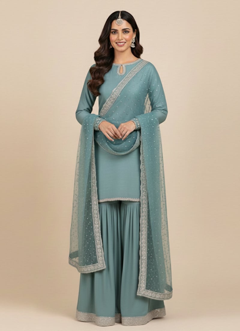Powder Blue Satin Georgette Zari Sequins Sharara Suit Festive Wear