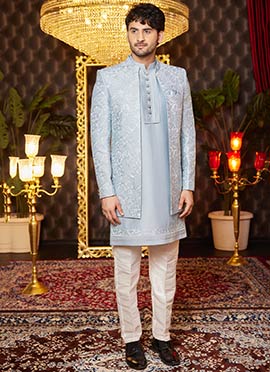 Powder Blue Silk Embroidered And Sequins Thread Indowestern Sherwani