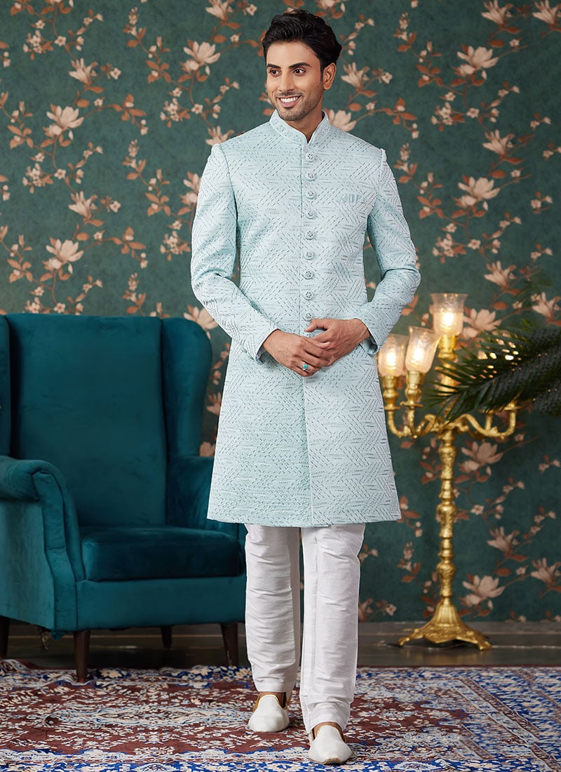 Powder Blue Silk Embroidered Hand Work Classic Sherwani Wedding Wear