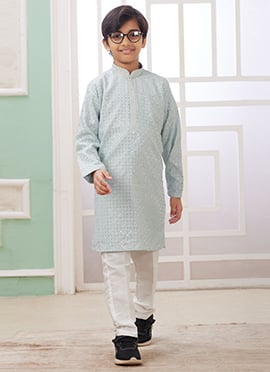 Powder Blue Silk Embroidered Sequins Kids Boys Kurta Pyjama