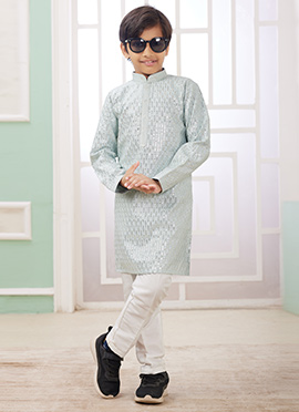 Powder Blue Silk Embroidered Sequins Kids Boys Kurta Pyjama