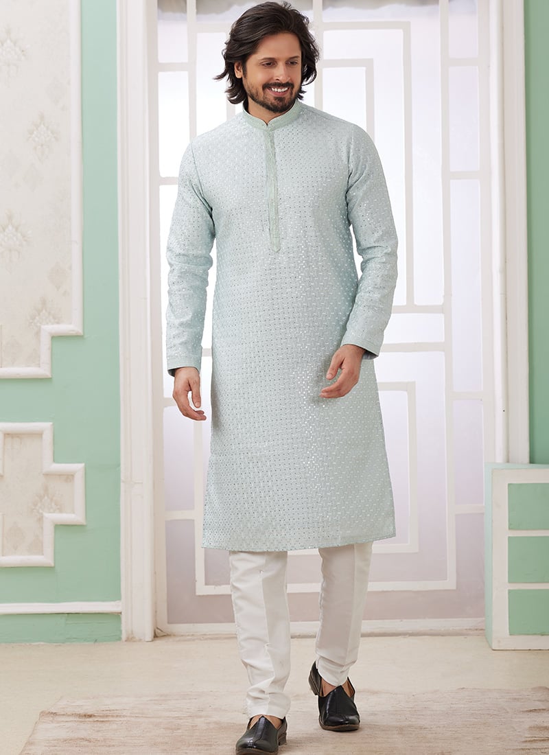 Powder Blue Silk Embroidered Sequins Kurta Pyjama For Men