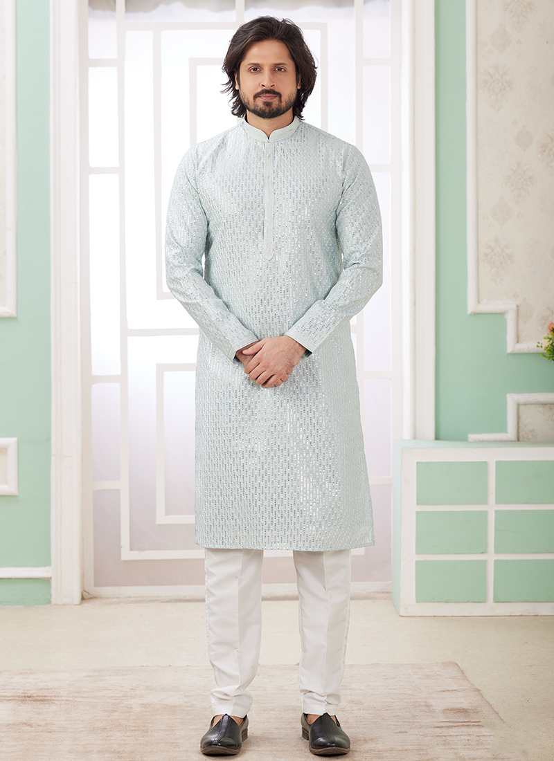 Powder Blue Silk Embroidered Sequins Kurta Pyjama For Men