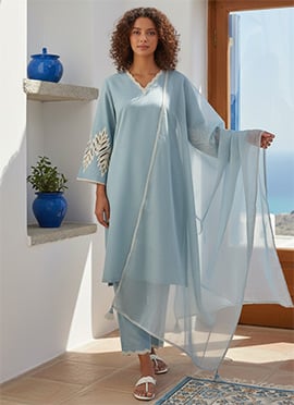 Powder Blue Silk Embroidered With Beads Work Straight Pant Suit