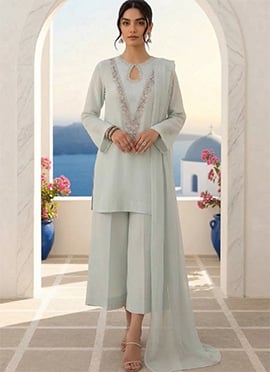Powder Blue Silk Hand Embroidered Sequins With Stone Palazzo Suit
