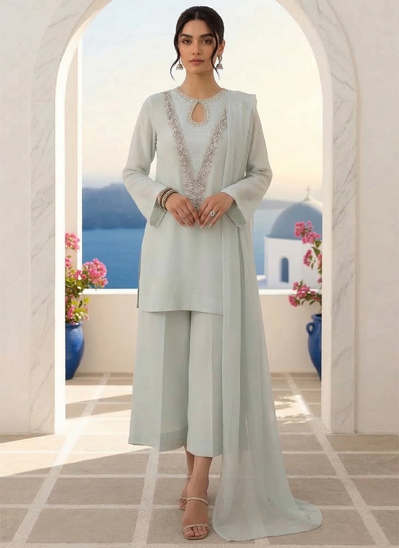 Powder Blue Silk Hand Embroidered Sequins With Stone Palazzo Suit Festive Wear