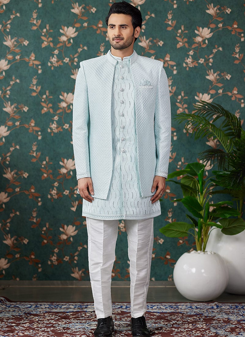 Powder Blue Silk Thread Embroidered And Sequins Indowestern Sherwani Wedding Wear