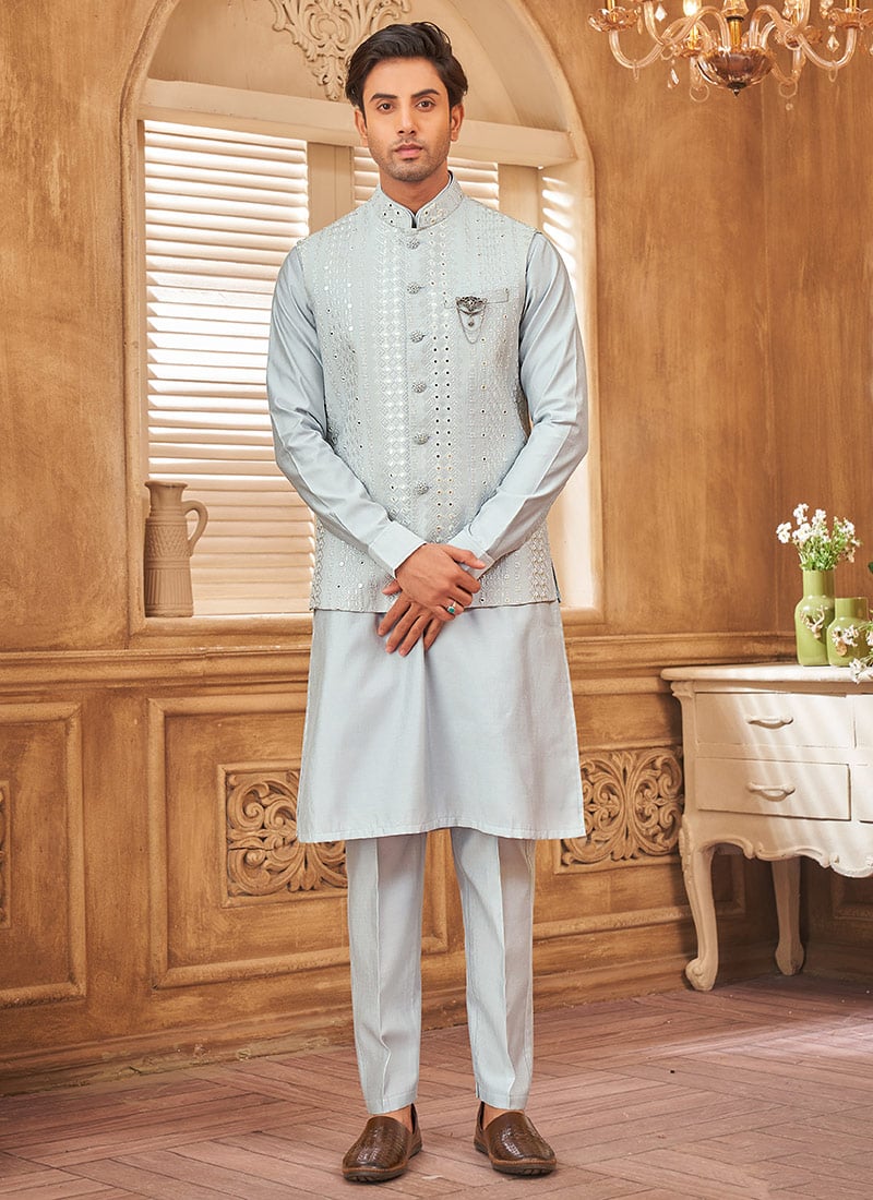 Powder Blue Silk Thread Embroidered Bandi Set Festive Wear