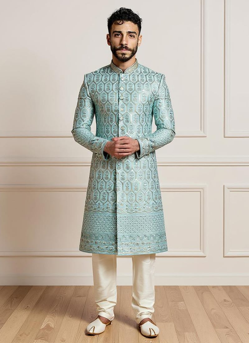 Powder Blue Silk Thread Hand Work Classic Sherwani For Men Wedding Wear