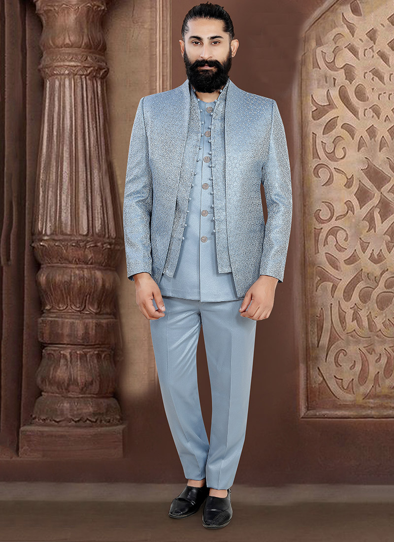 Powder Blue Terry Rayon Zari Two Piece Suit Wedding Wear