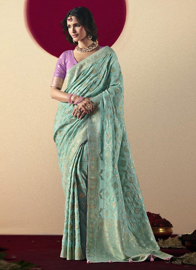 Powder Blue Viscose Zari And Jacquard Saree Festive Wear