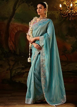 Powder Blue Viscose Zari Tissue Heavy Embroidered Sequins Stone Saree