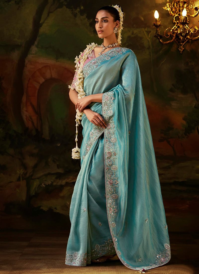 Powder Blue Viscose Zari Tissue Heavy Embroidered Sequins Stone Saree Wedding Wear