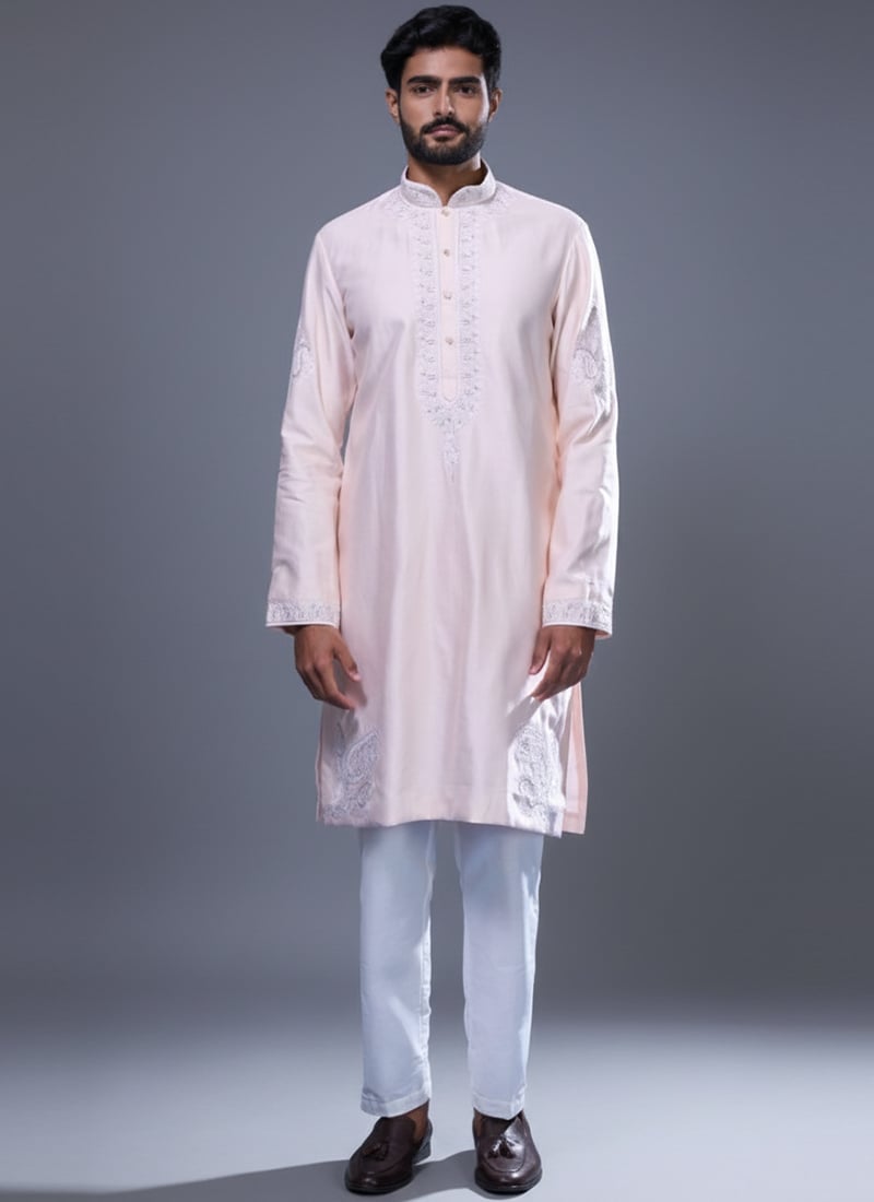 Powder Pink Silk Embroidered Kurta Pyjama Festive Wear