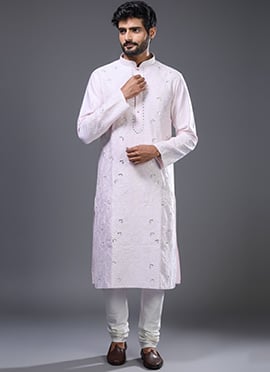 Powder Pink Silk Embroidered With Mirror Work Kurta Pyjama