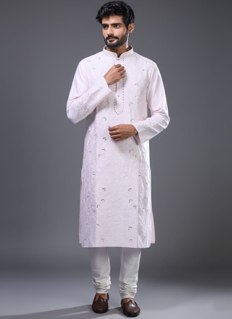 Powder Pink Silk Embroidered With Mirror Work Kurta Pyjama Festive Wear