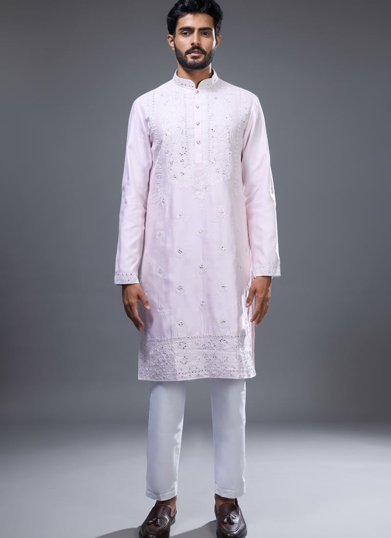 Powder Pink Silk Embroidered With Mirror Work Kurta Pyjama Festive Wear