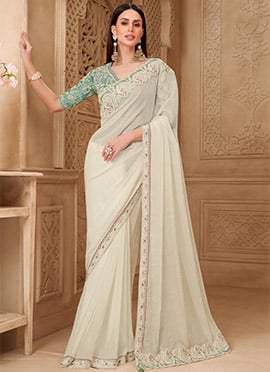 Powder White Georgette Silk Embroidered Sequins Saree