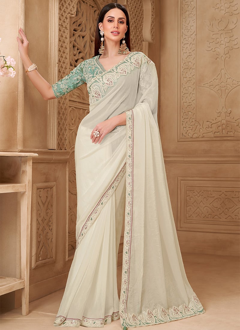 Powder White Georgette Silk Embroidered Sequins Saree Wedding Wear