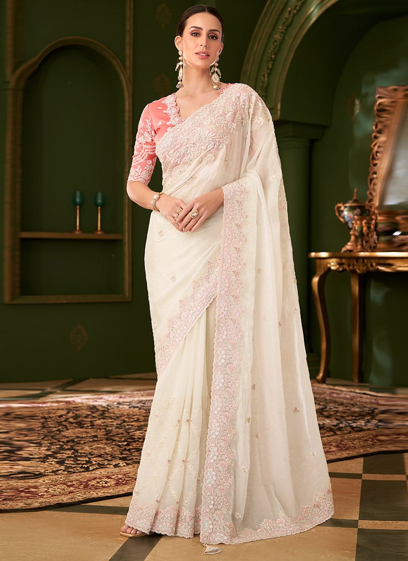 Powder White Georgette Silk Zari Embroidered Sequins Saree Wedding Wear