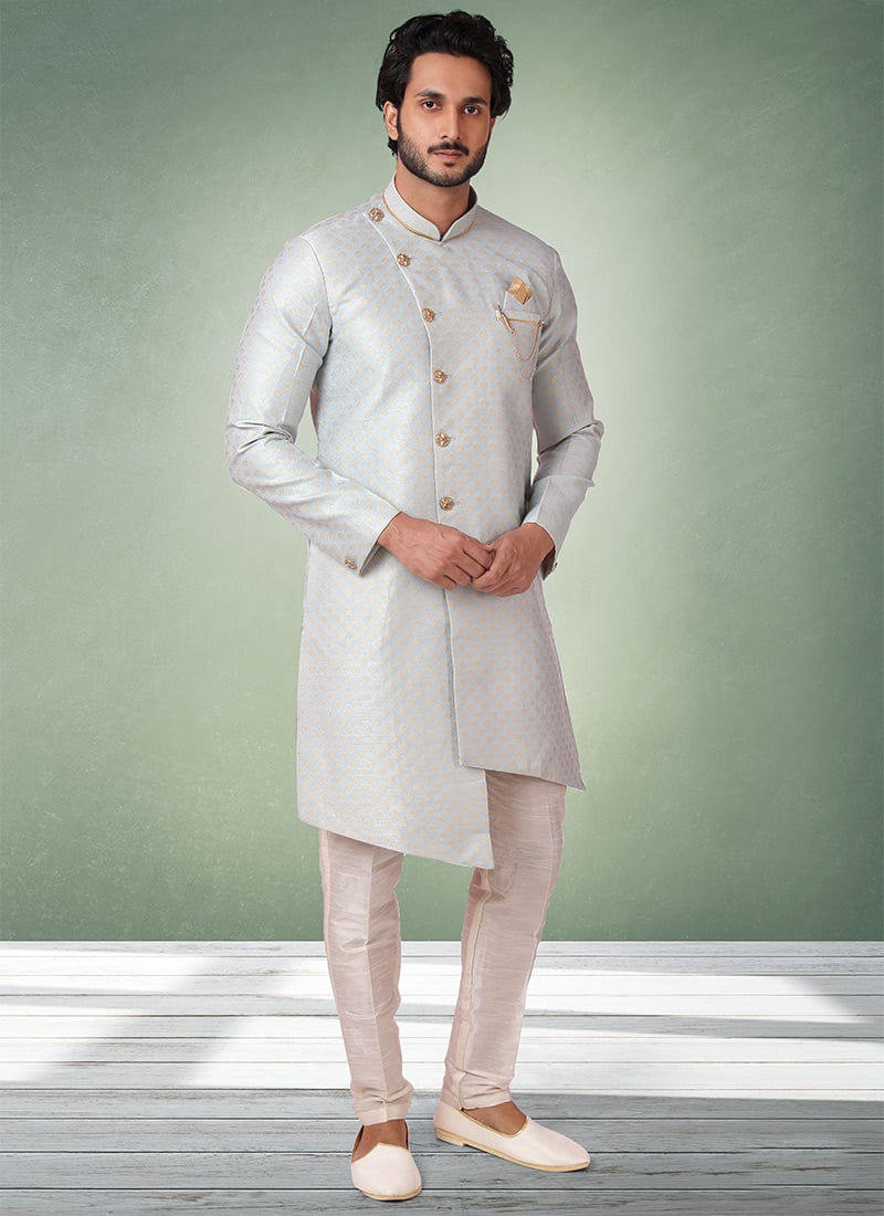 Powdered Blue Jacquard Silk Brocade Indowestern Sherwani Wedding Wear