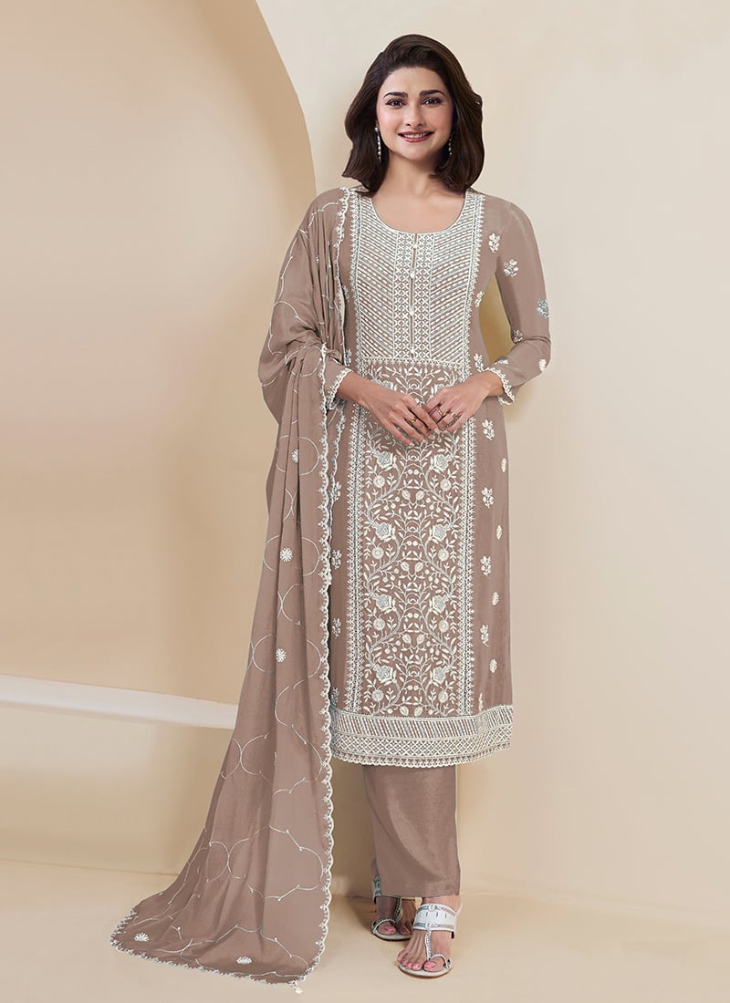 Prachi Desai Beige Faux Georgette Embroidered Straight Pant Suit Festive Wear