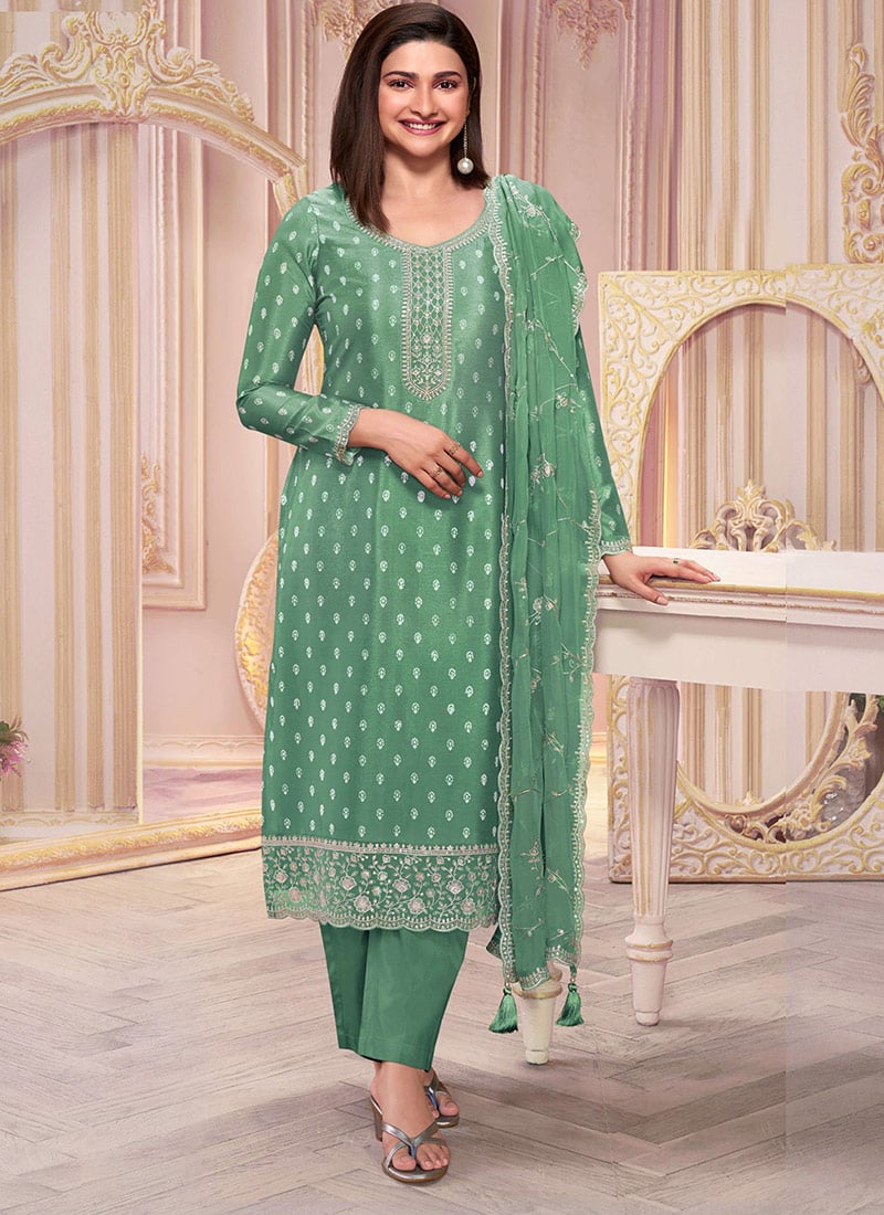 Prachi Desai Green Silk Georgette Printed Embroidered Sequins Straight Pant Suit Festive Wear