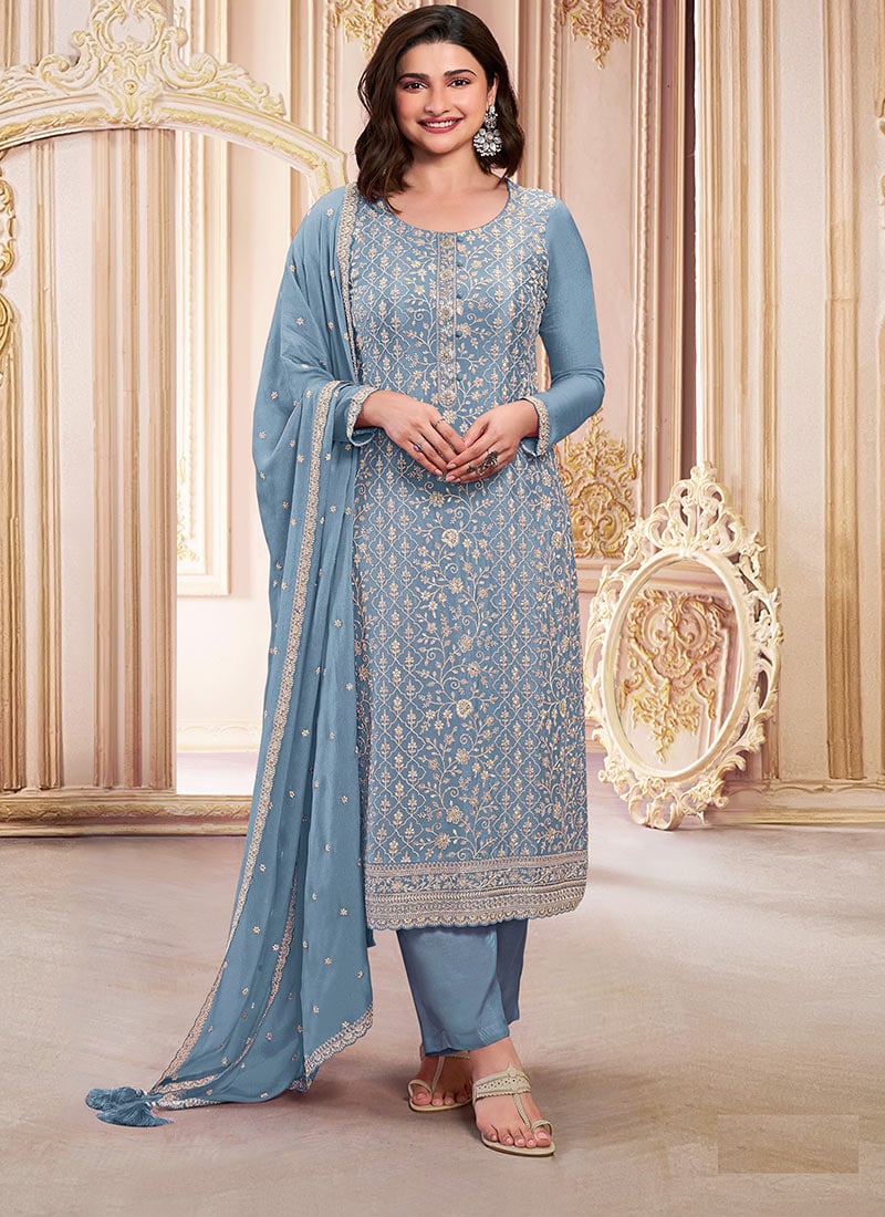 Prachi Desai In Dusty Blue Georgette Embroidered And Sequins Straight Pant Suit Festive Wear