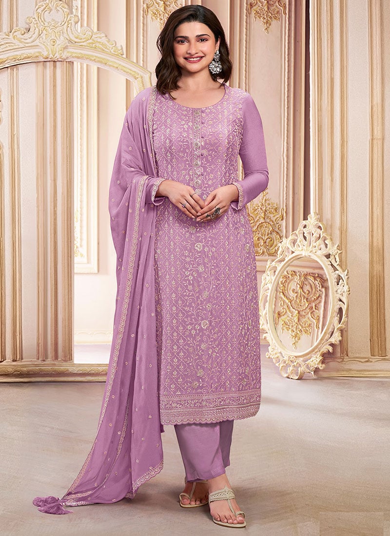 Prachi Desai In Lavender Georgette Embroidered And Sequins Straight Pant Suit Festive Wear