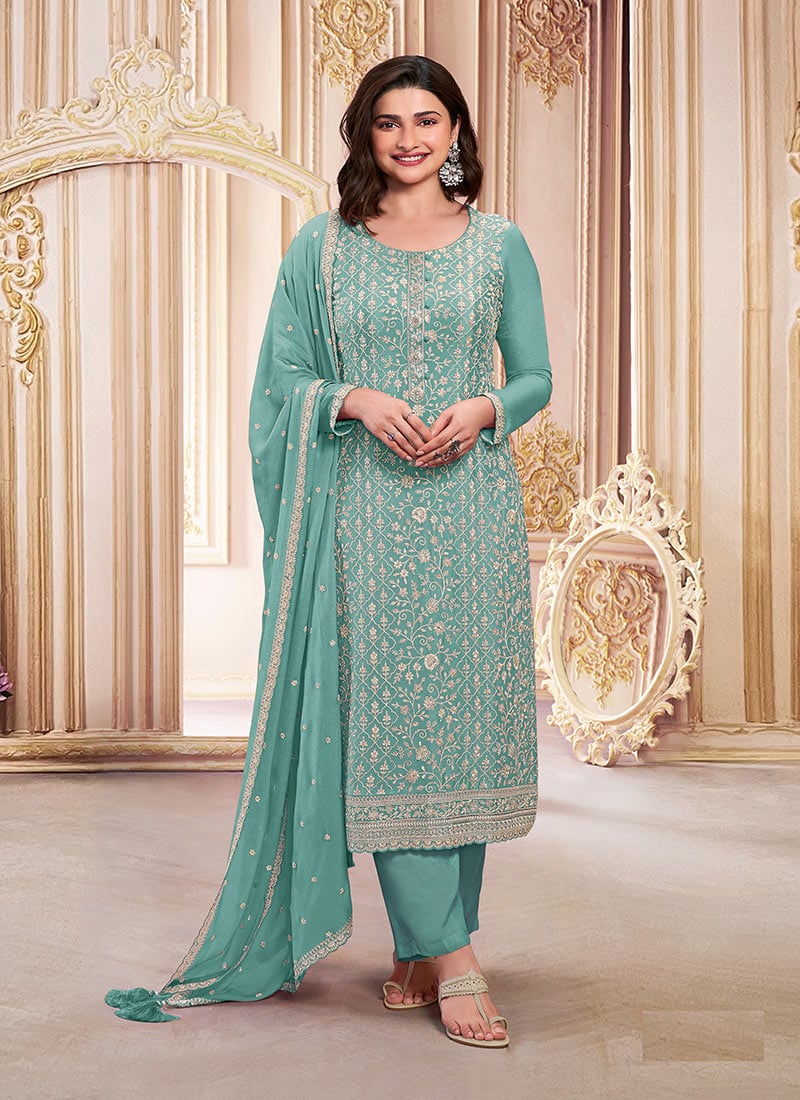 Prachi Desai In Light Teal Georgette Embroidered And Sequins Straight Pant Suit Festive Wear