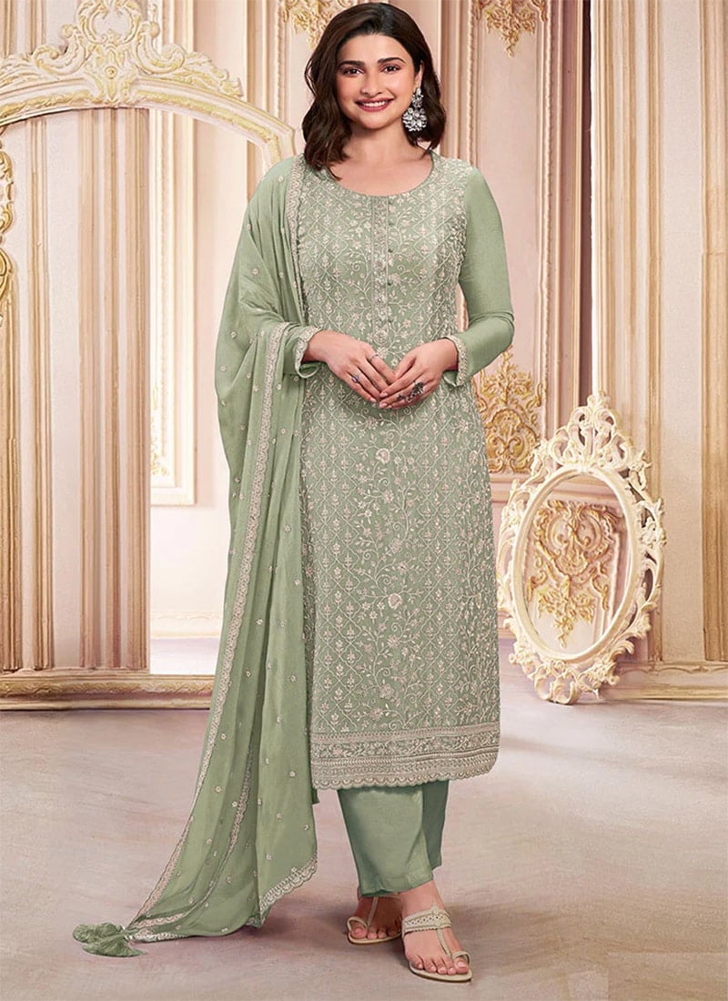 Prachi Desai In Pista Green Georgette Embroidered And Sequins Straight Pant Suit Festive Wear
