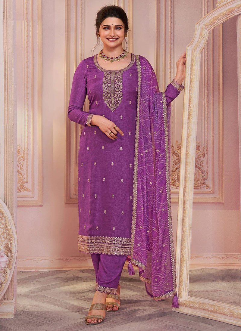 Prachi Desai Lavender Georgette Embroidered And Sequins Straight Pant Suit Festive Wear