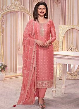Prachi Desai Peach Silk Georgette Printed Embroidered Sequins Straight Pant Suit