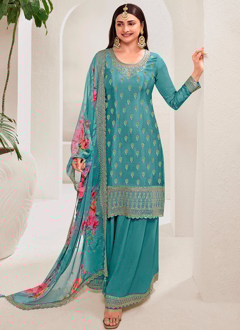 Prachi Desai Palazzo Suit For Women In Blue Viscose Embroidered Sequins Party Wear