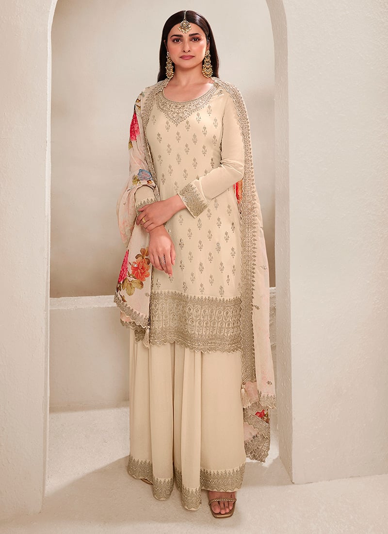 Prachi Desai Palazzo Suit For Women In Cream Viscose Embroidered Sequins Party Wear