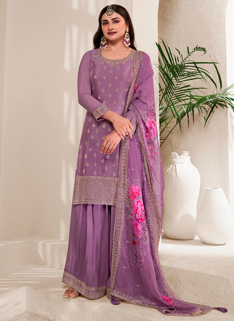 Prachi Desai Palazzo Suit For Women In Lavender Viscose Embroidered Sequins Party Wear