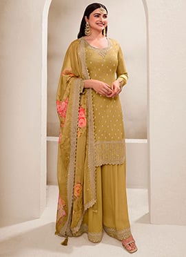 Prachi Desai Palazzo Suit For Women In Mustard Viscose Embroidered Sequins