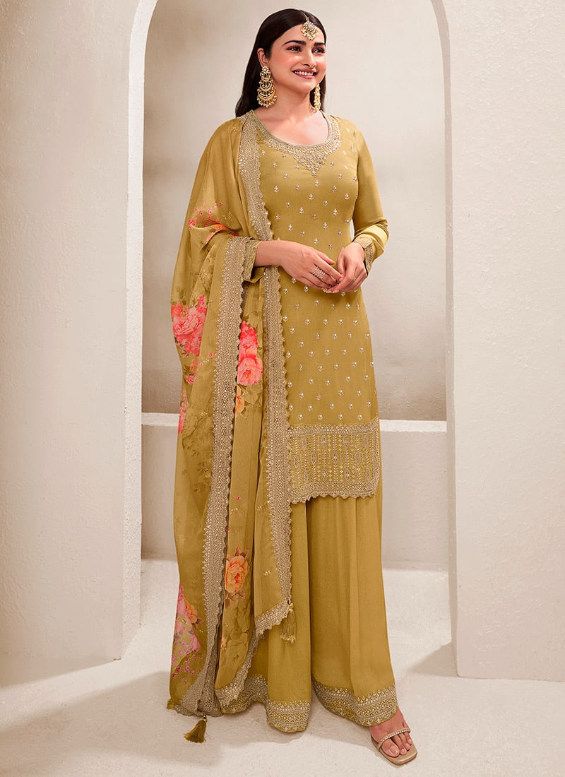 Prachi Desai Palazzo Suit For Women In Mustard Viscose Embroidered Sequins Party Wear