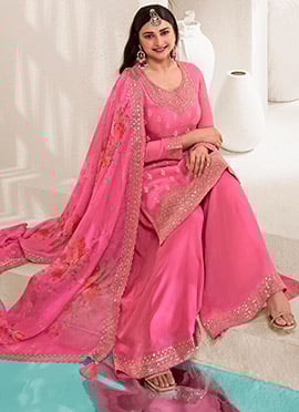 Prachi Desai Palazzo Suit For Women In Pink Viscose Embroidered Sequins