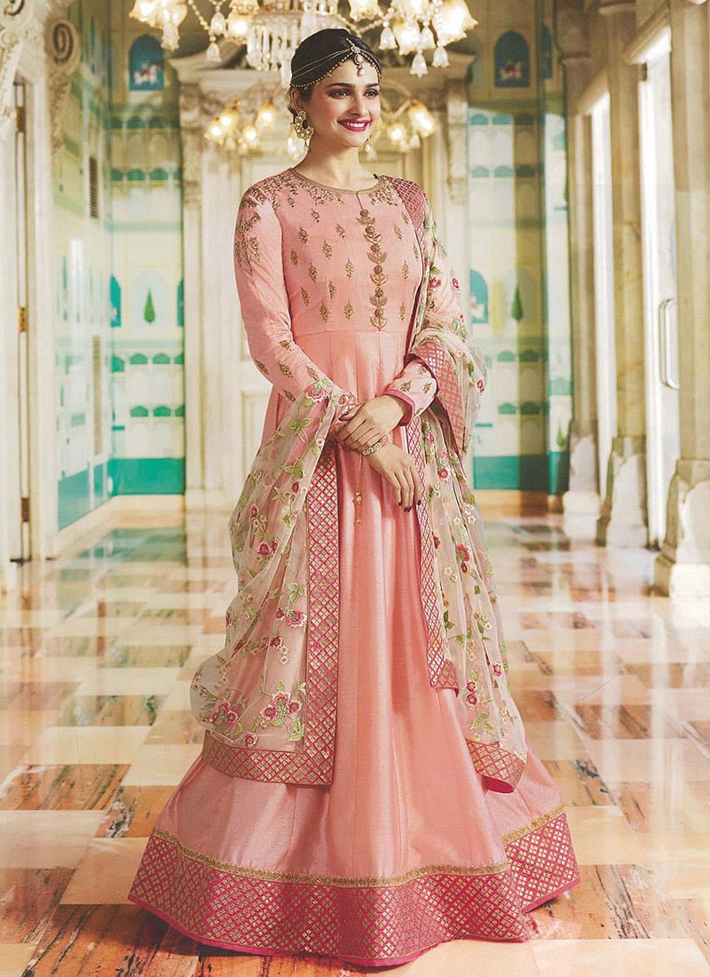 Prachi Desai Peach Embroidered Anarkali Suit