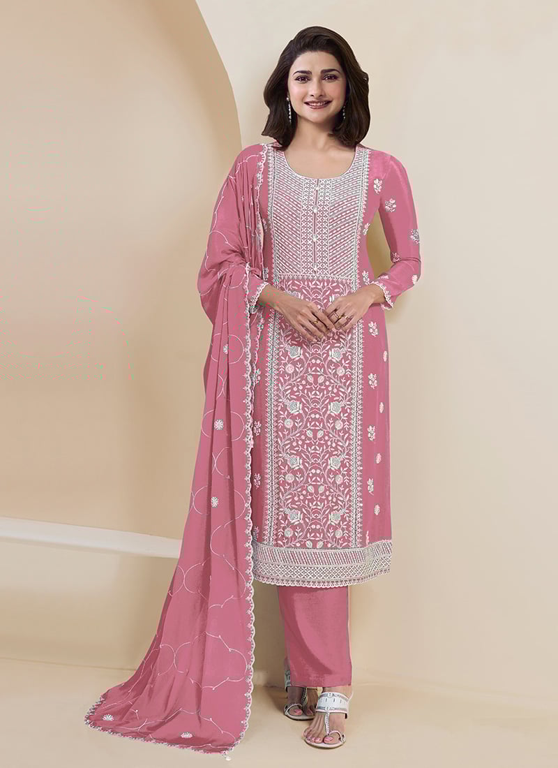 Prachi Desai Pink Faux Georgette Embroidered Straight Pant Suit Festive Wear