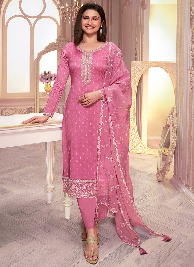Prachi Desai Pink Silk Georgette Printed Embroidered Sequins Straight Pant Suit Festive Wear