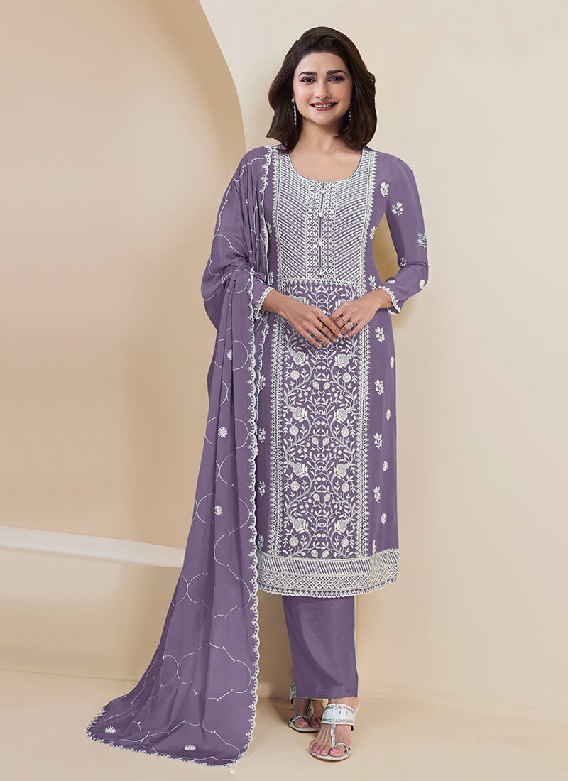 Prachi Desai Purple Faux Georgette Embroidered Straight Pant Suit