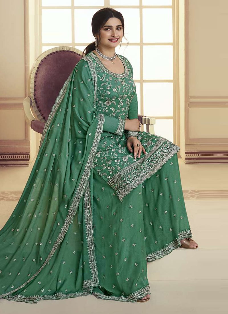 Prachi Desai Radiates Elegance in a Green Chinon Embroidered Pakistani Suit Party Wear