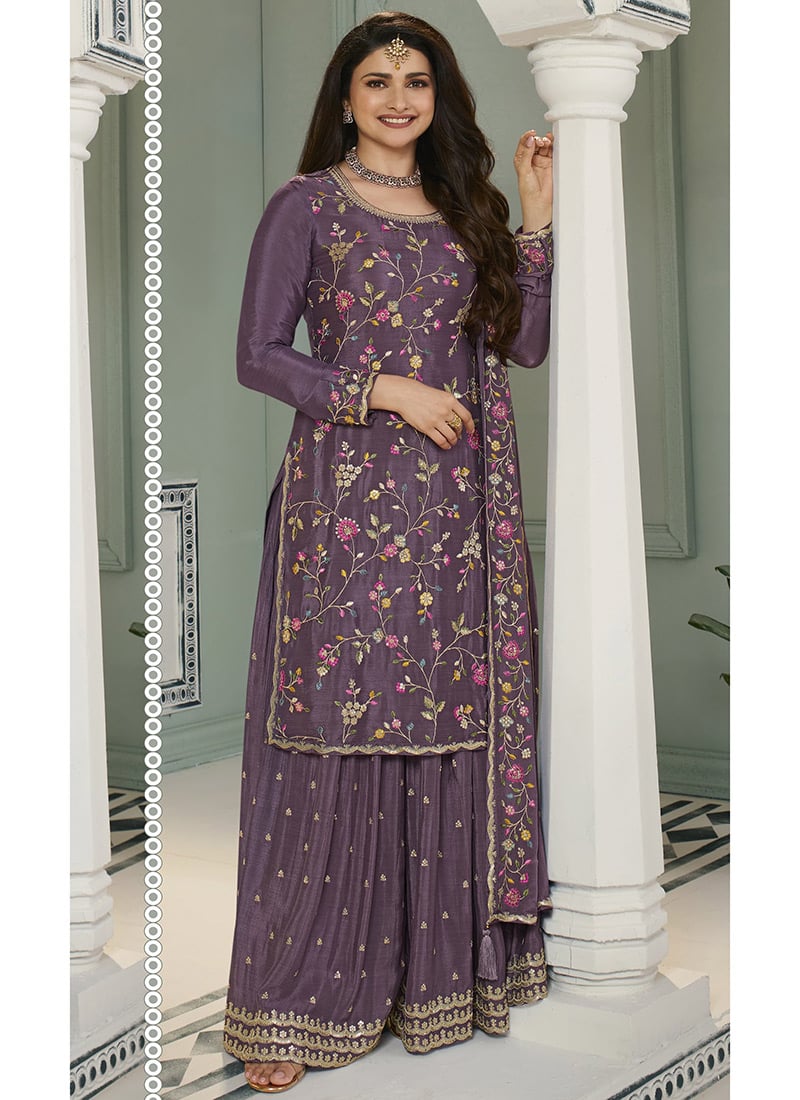 Prachi Desai Shines in Exquisite Sequins Embroidered Purple Sharara Suit Party Wear