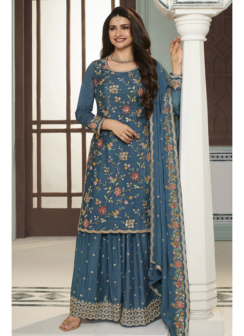 Prachi Desai Shines in Exquisite Sequins Embroidered Teal Sharara Suit Party Wear