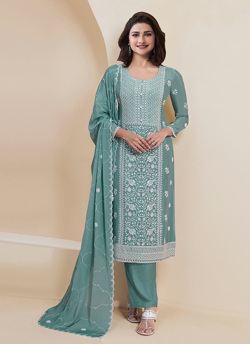 Prachi Desai Sky Blue Faux Georgette Embroidered Straight Pant Suit