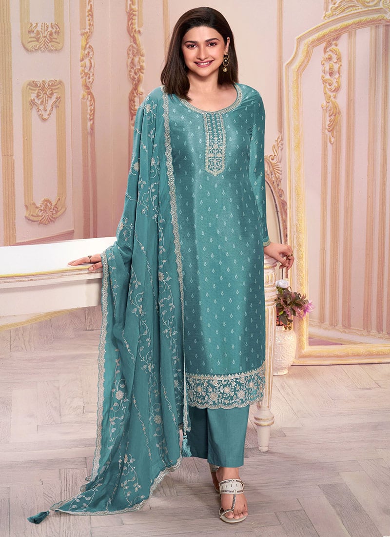 Prachi Desai Sky Blue Silk Georgette Printed Embroidered Sequins Straight Pant Suit Festive Wear