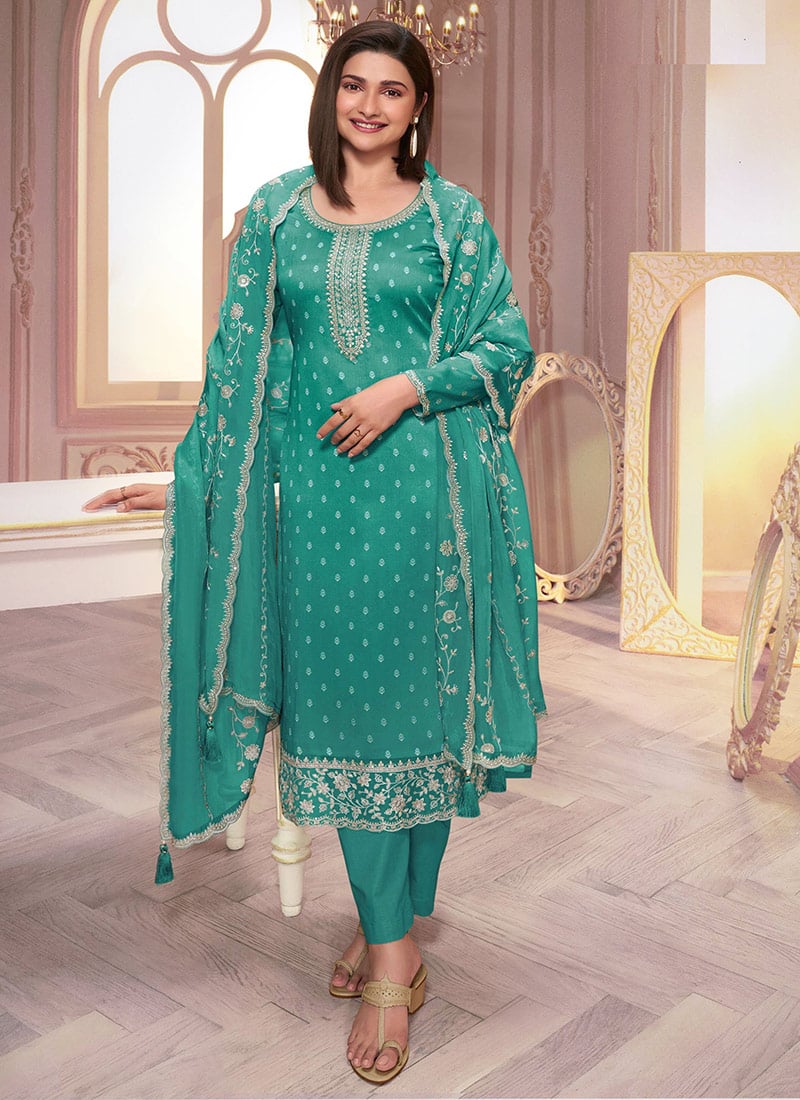Prachi Desai Teal Green Silk Georgette Printed Embroidered Sequins Straight Pant Suit Festive Wear